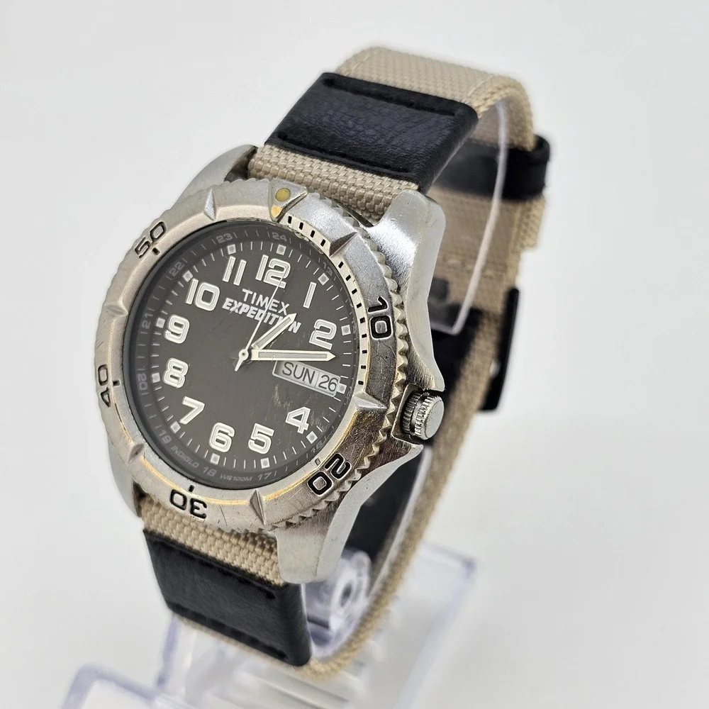 Timex Expedition Men Watch 40MM Black DayDate Dial NEW Tan Nylon Bands Battery